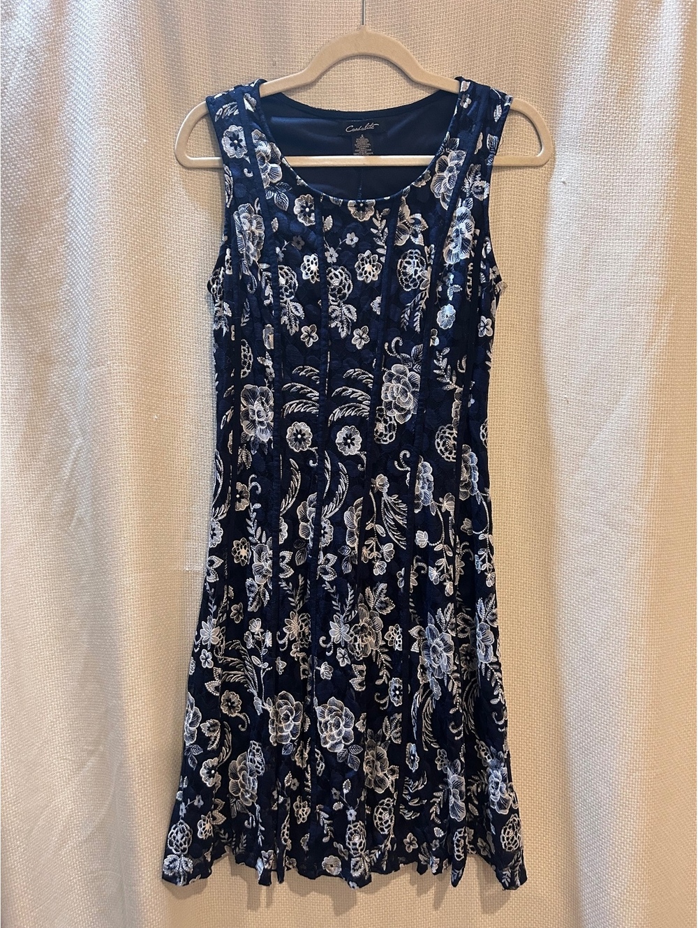 Candalite Women's Navy Blue and White Floral Sleeveless Dress, Size S